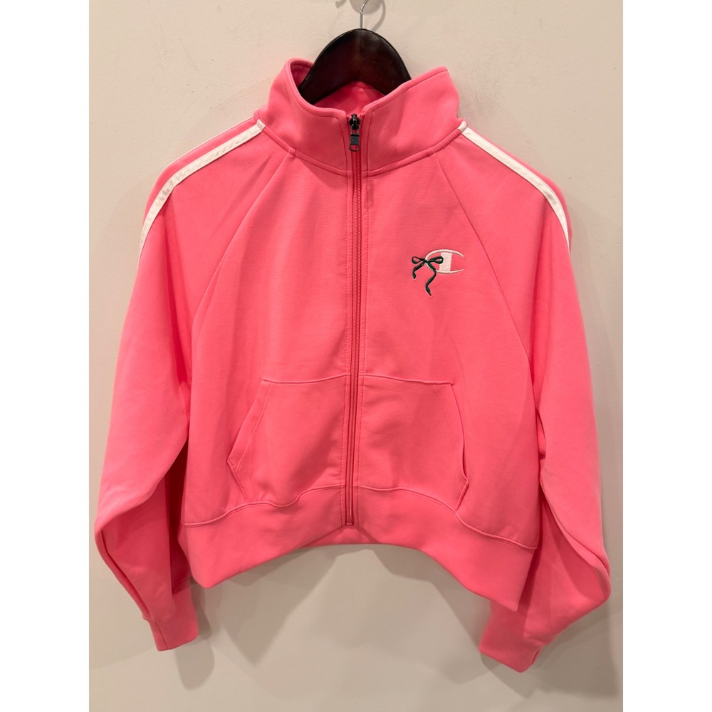 Champion In the Stands Pink Bow Full Zip Cropped Track Jacket Womens Medium NWOT
